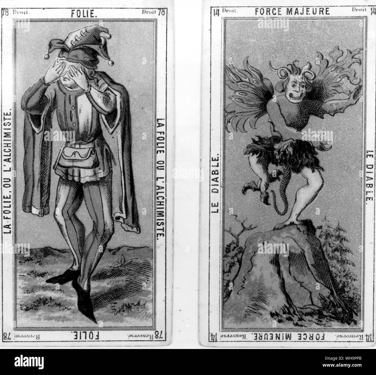 Version der Dummkopf - alliette - La Folie ou l'Alchimiste (links) und Gewalt (Le Diable) in Farbe auf Seite 121. Stockfoto