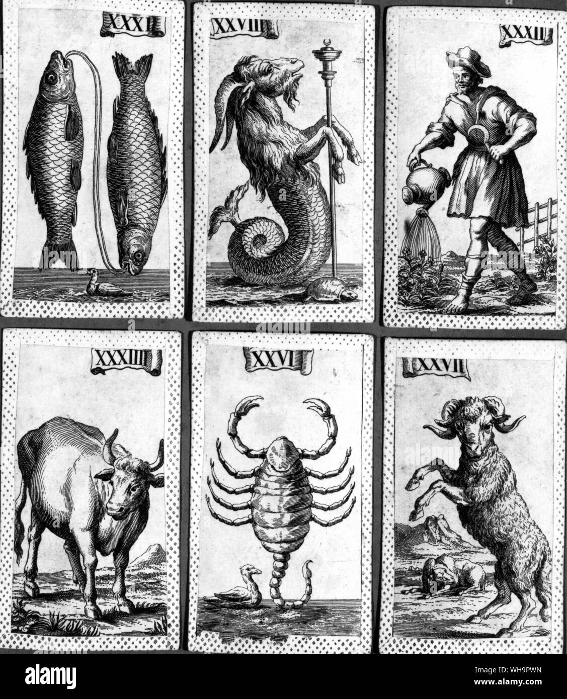 Zeichen des Tierkreises aus einem minchiate Pack: Fische, Steinbock, Wassermann, Stier, Skorpion und Widder Stockfoto