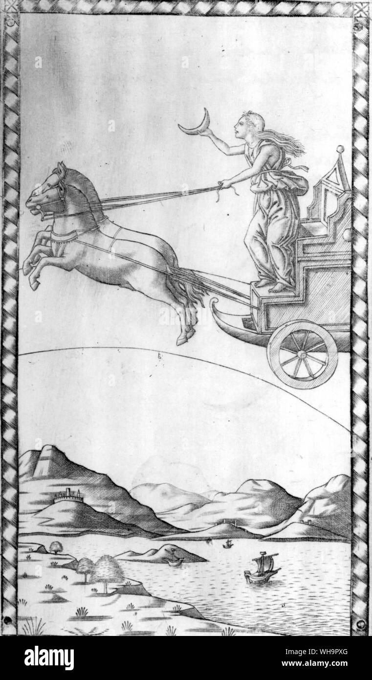 Der Mond, der durch den Himmel in ihrem Wagen auf der 'Mantegna' Karte. Stockfoto