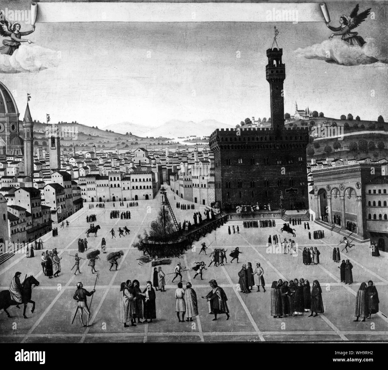 Florenz, der Piazza della Signoria im Jahr 1492 an dem Tag, an dem Savonarola und manche seiner Anhänger gebrannt wurden. Stockfoto