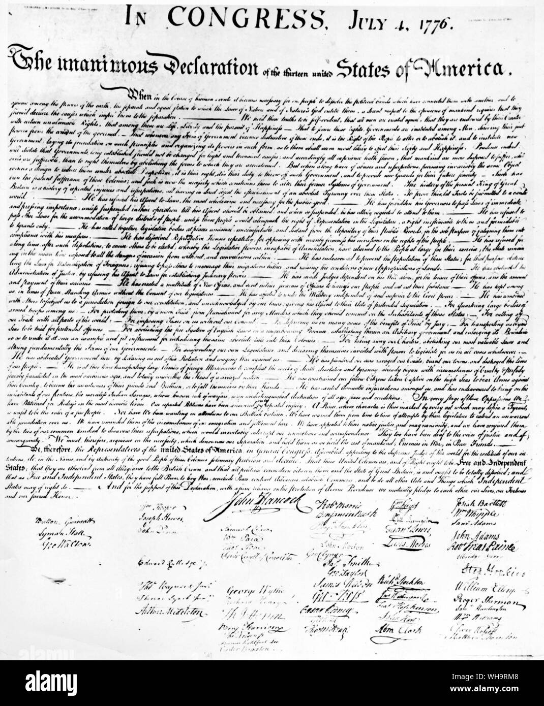 "Die einstimmige Erklärung der dreizehn Vereinigten Staaten von Amerika', den 4. Juli 1776. Stockfoto
