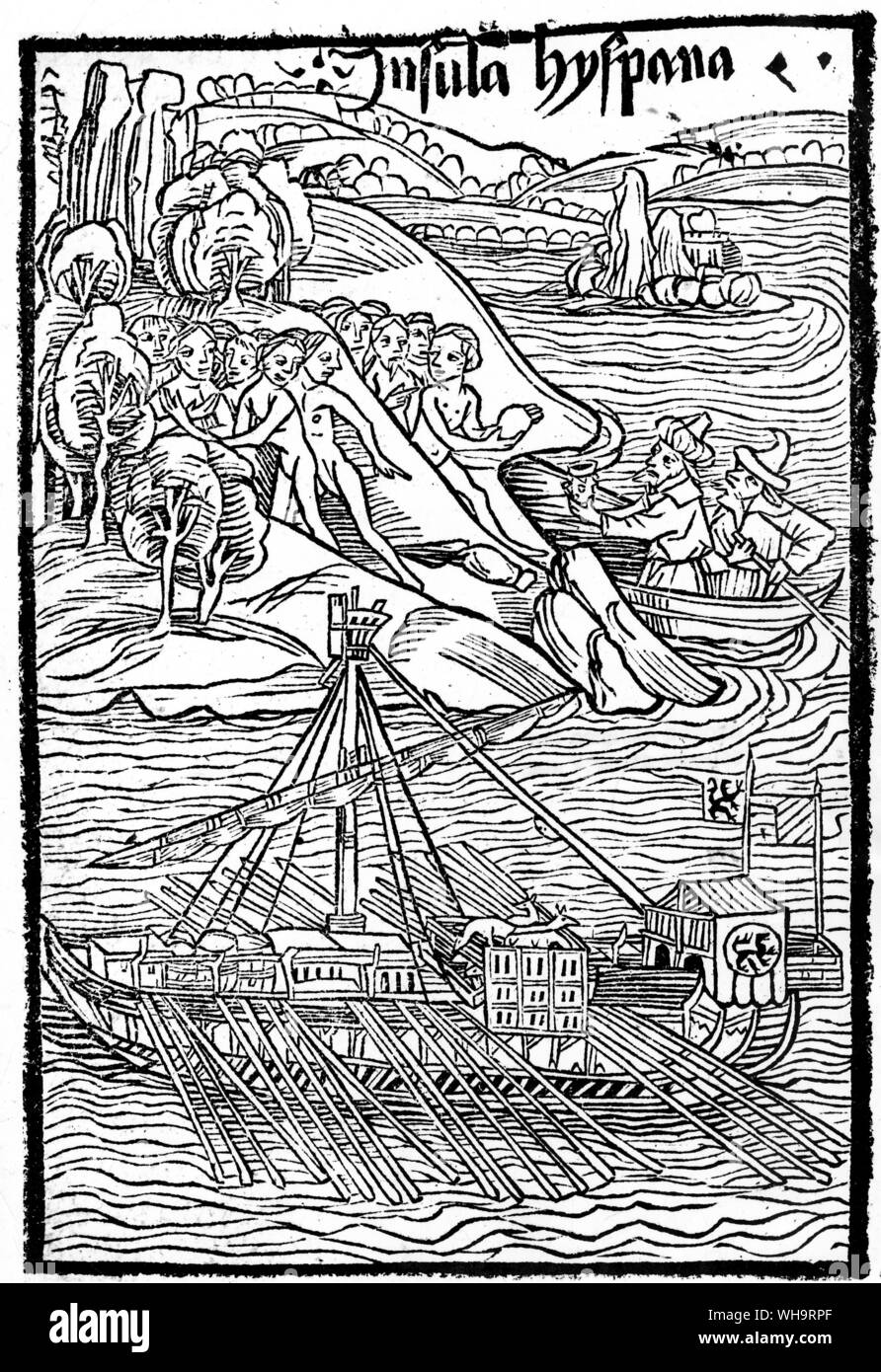 15. jahrhundert Explorer, Christopher Columbus in Südamerika. Columbus, als er Ansätze Land. Stockfoto