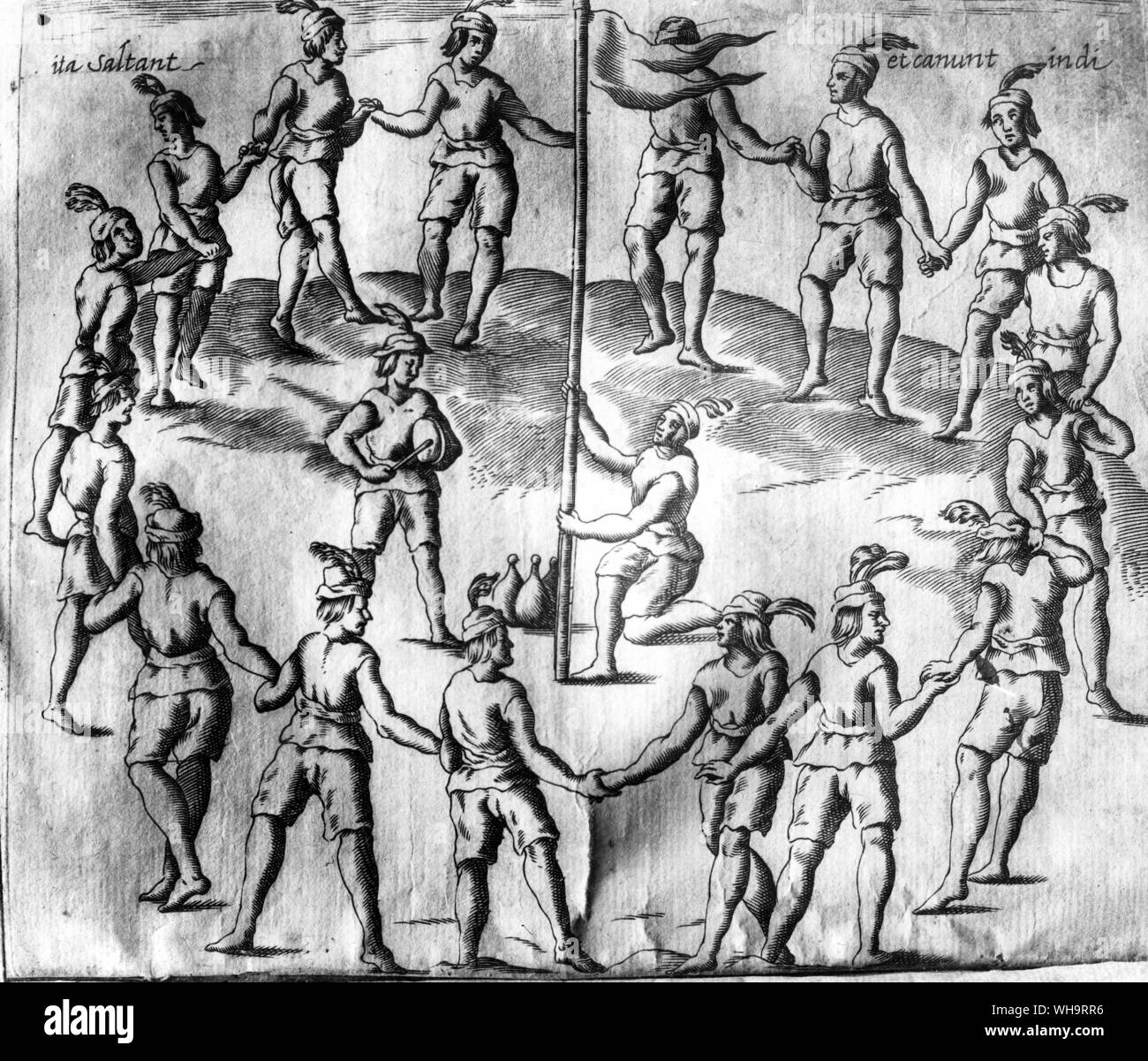 Chile: Tanz der Indianer um die Fahne und dem Klang der Trommel. Gravur von historischen Erzählungen des Königreichs Chile, Rom 1646, S. Alfonso de Ovalle (ein Jesuit in Santiago de Chile geboren). Stockfoto