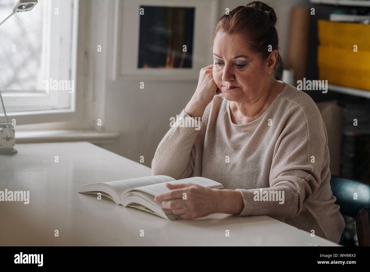 Ältere Frau liest Buch zu Hause Stockfoto