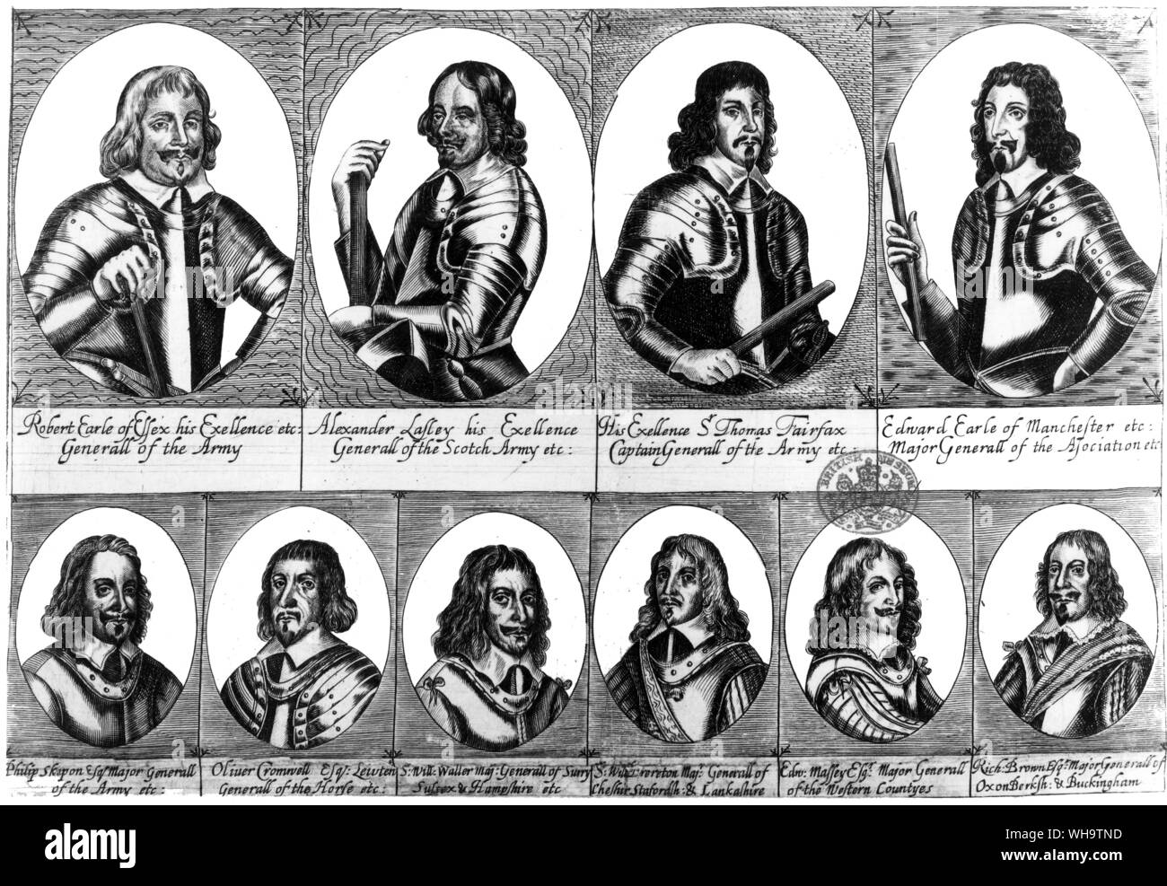 New Model Army des 17. Jahrhunderts. Liste der Sieger - Parlament im Bürgerkrieg - mit Oliver Cromwell. Top Links, l-r: Robert, Graf von Essex; Alexander, General der schottischen Armee; Sir Thomas Fairfax; Edward, Earl von Manchester; Unten, l-R: Philip Skipton; Oliver Cromwell; Waller; Stockfoto