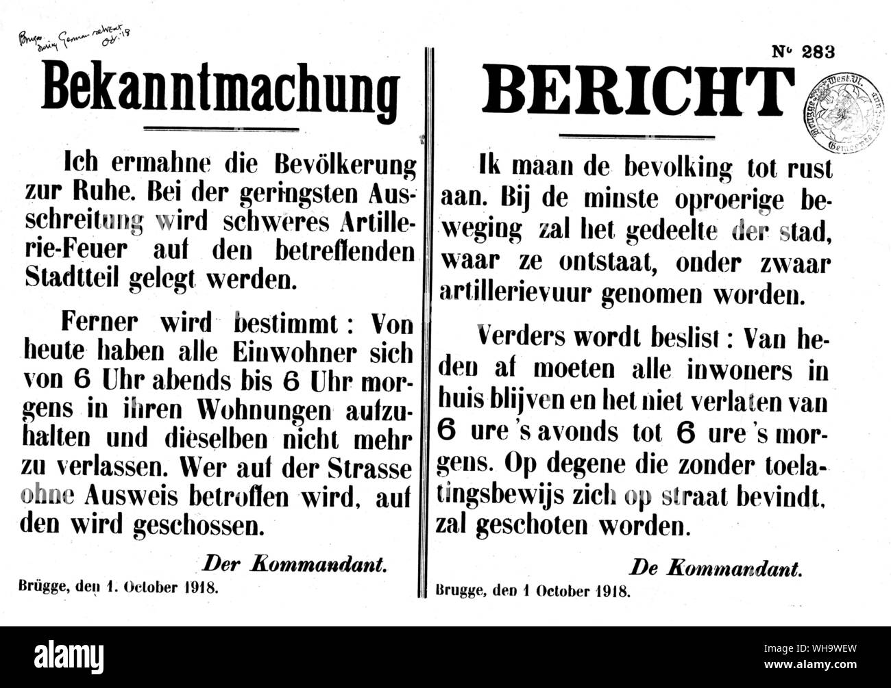 WW1/Brügge, 1. Oktober 1918. Deutsche Sprache Poster. Stockfoto