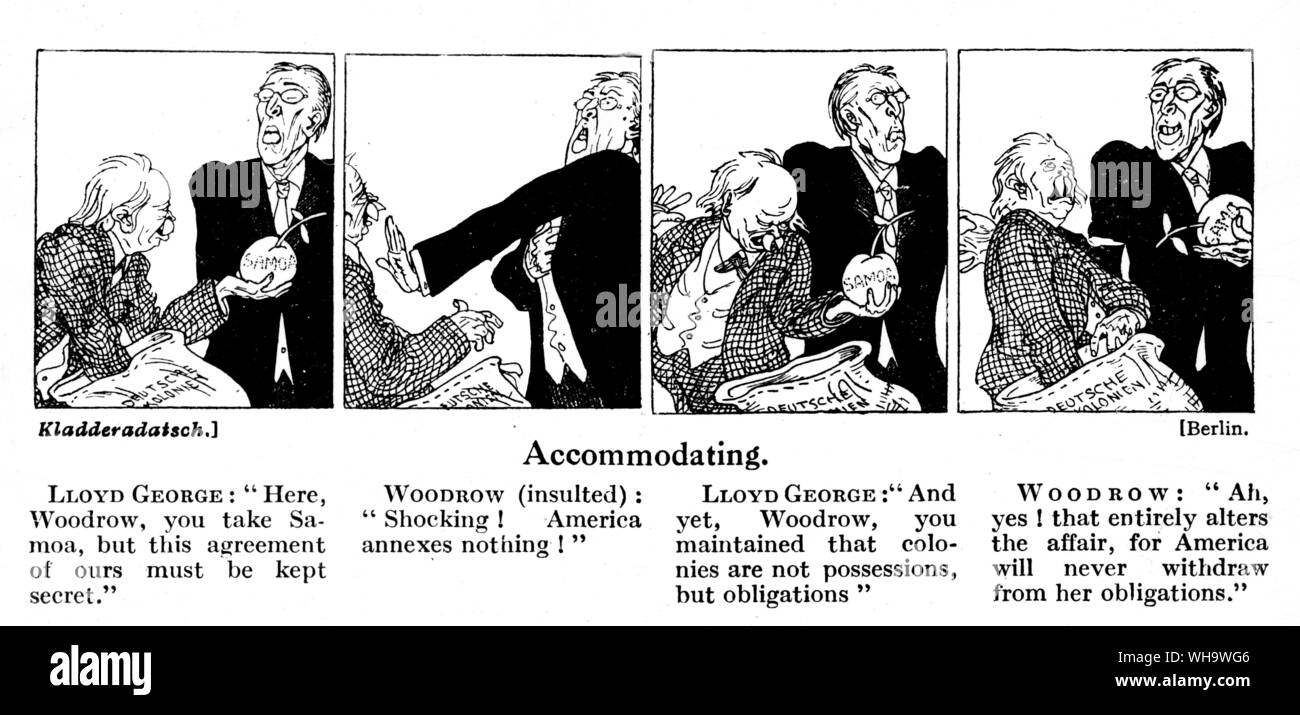 WW1/"ZUVORKOMMEND"; Krieg Cartoon von David Lloyd George und Woodrow von Amerika. Stockfoto