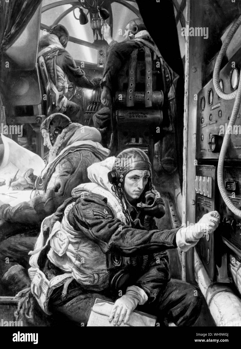WW1/Take off von Dame Laura Ritter. Innenraum eines Bomber Aircraft. Die Flieger sind Flt Lt D A Stuart White; F/O. R F Excreit; F/O K J Bettles und Flt. Sgt EIN D Quadling. Stockfoto