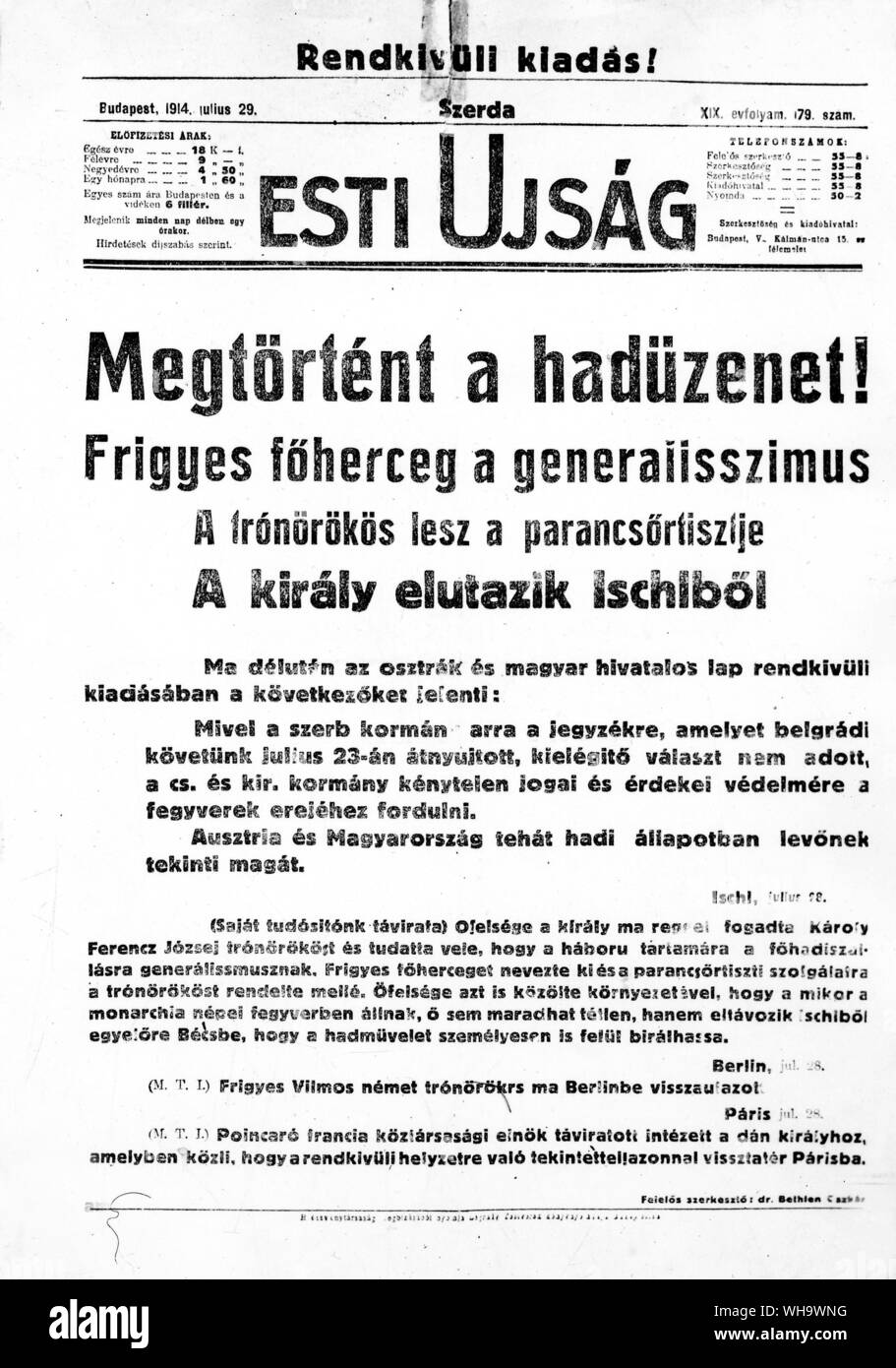 WW1/Abend Zeitung aus Budapest, Ungarn, 29. Juli 1914. Der Krieg ist erklärt worden. Stockfoto