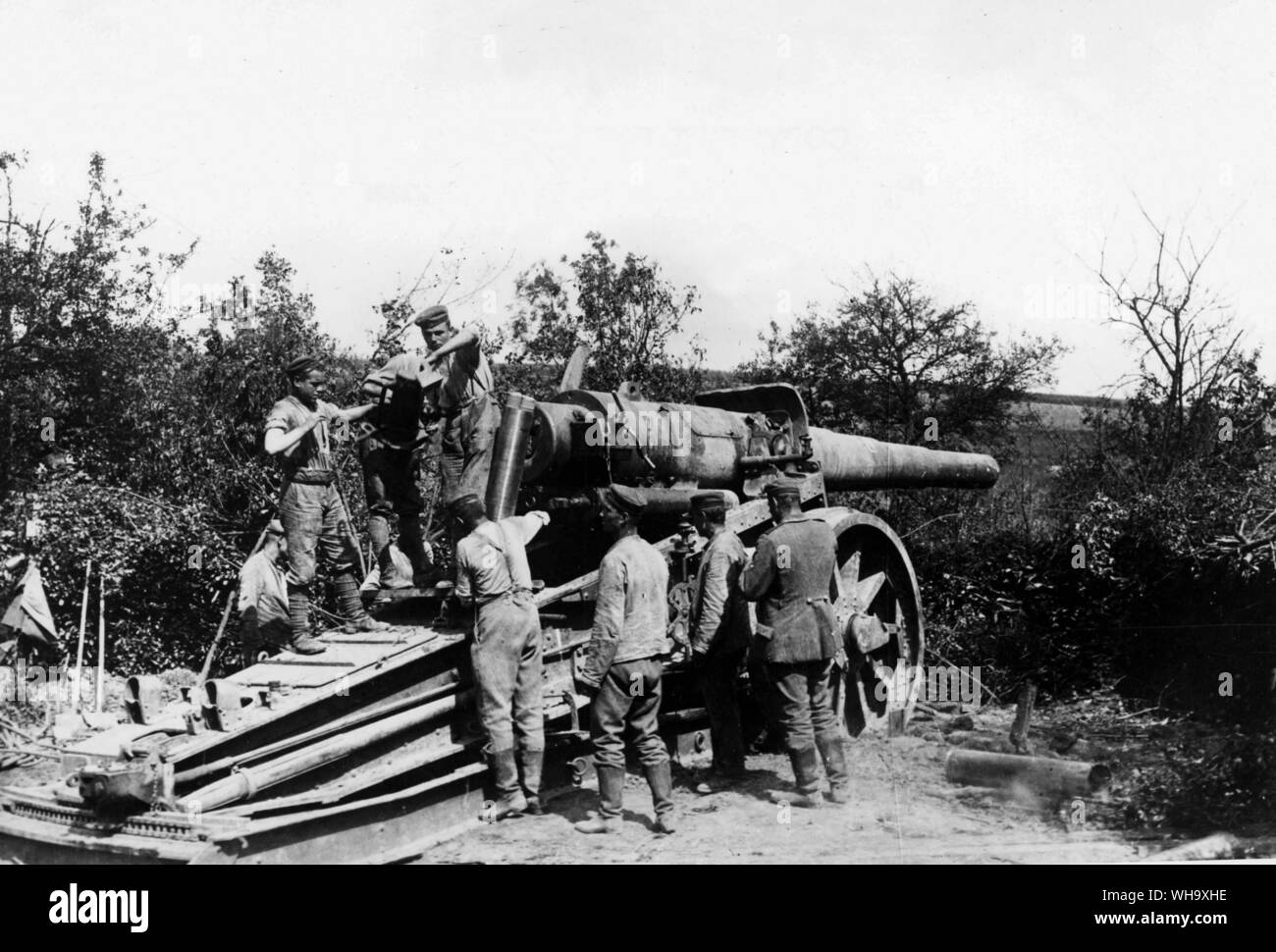 WW1: Deutsche schwere Waffe, Juli 1918. An der Marne. Stockfoto
