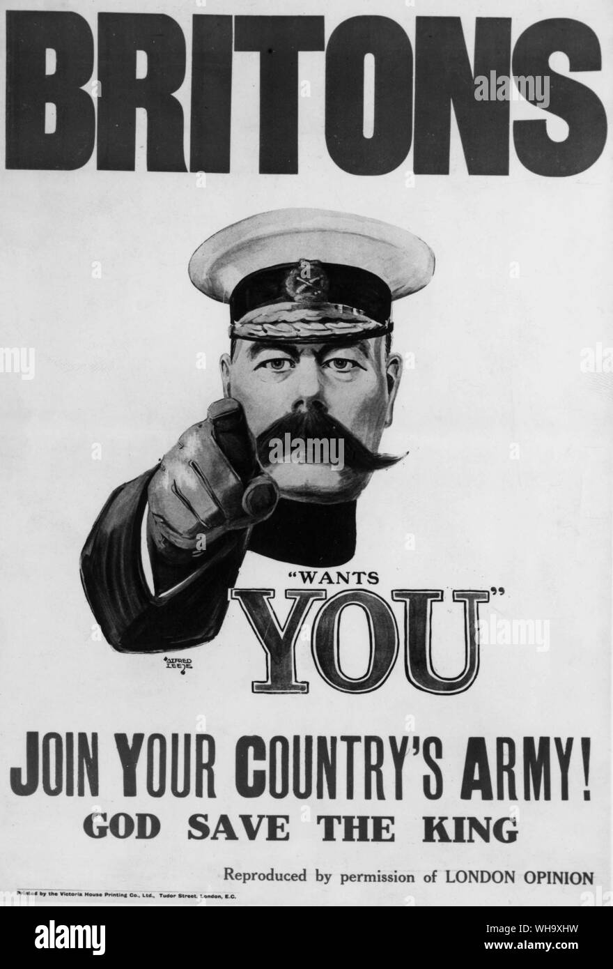 WW1: Lord Kitchener Poster. "Die Briten - will sie sich in ihrem Land Armee. God save the King". Stockfoto