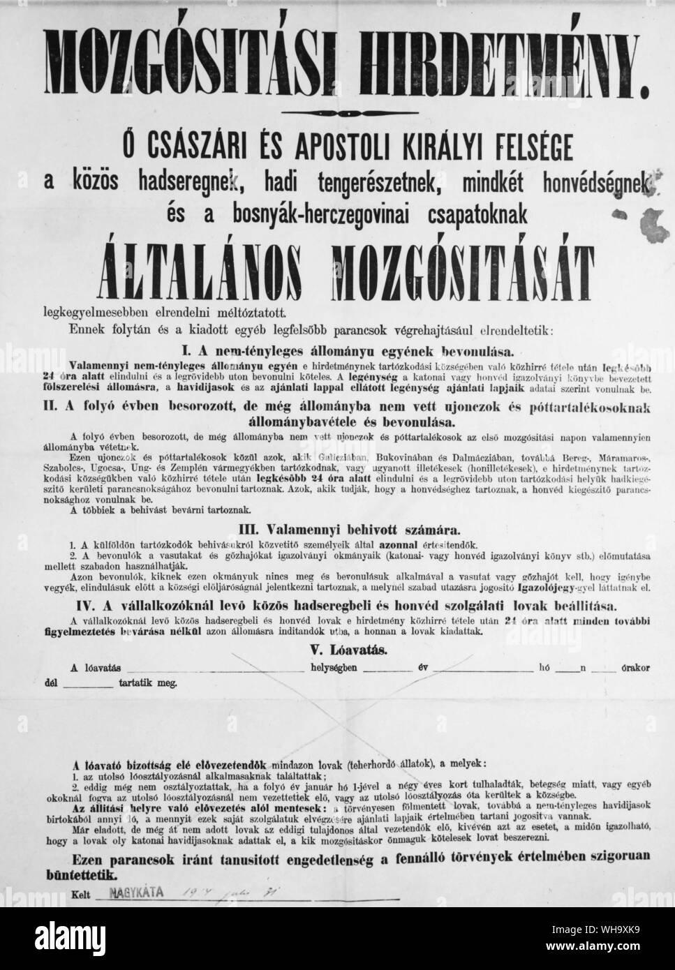WW1: Ungarn: Ankündigung der allgemeinen Mobilisierung. Stockfoto