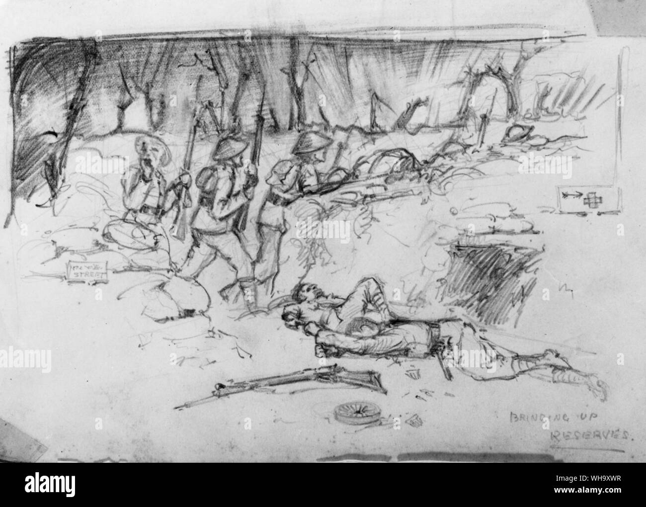 WW1: Krieg Zeichnung von Gunner Harry Bateman der Royal Field Artillery. Er war gerade 19 Jahre alt, als er sich freiwillig in den Krieg zu gehen, um die Aktion zu zeichnen. Stockfoto