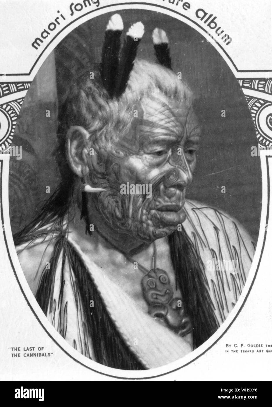 Der Letzte der Kannibalen, ein Ölgemälde (c.1913) Von den großen Neuseeland Künstler C.P. Goldie einer tätowierten Maori chief tragen Hula Federn. Sammlung der Aigantighe Art Gallery. Timaru, Neuseeland Stockfoto