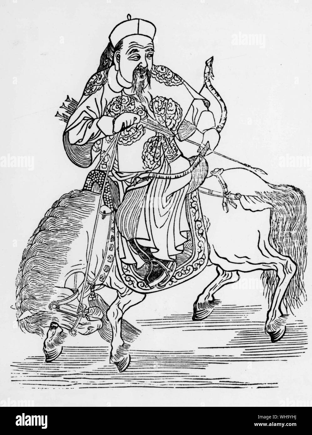 "Tir de l'Arc ein Cheval'. Militär ist. Asiatischer Mann zu Pferde mit Pfeil und Bogen. Stockfoto