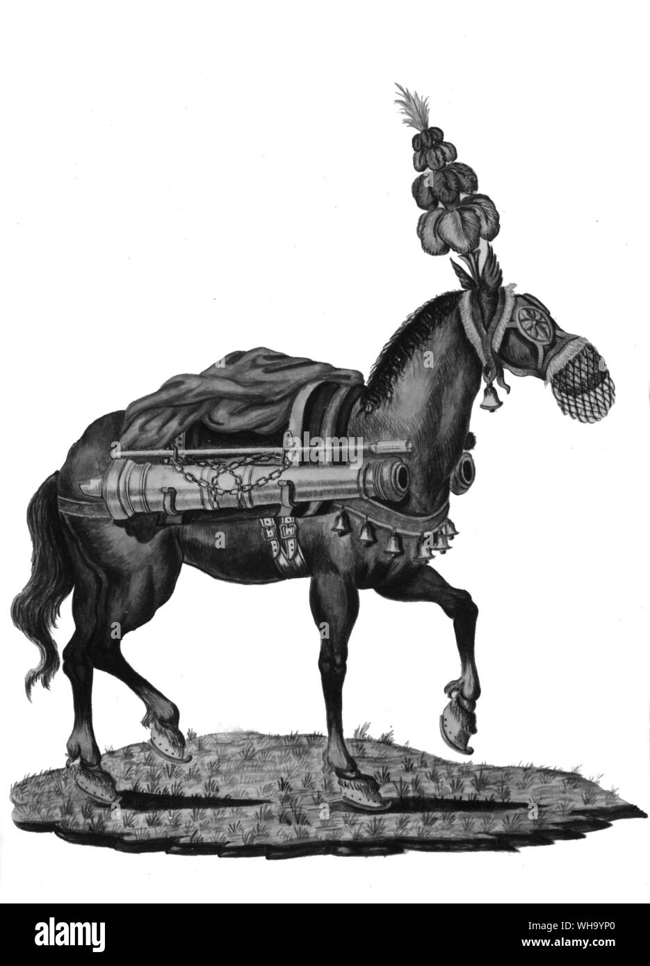 Pack Artillerie, c 1700. Pferd mit militärischen Gewand gekleidet. Stockfoto