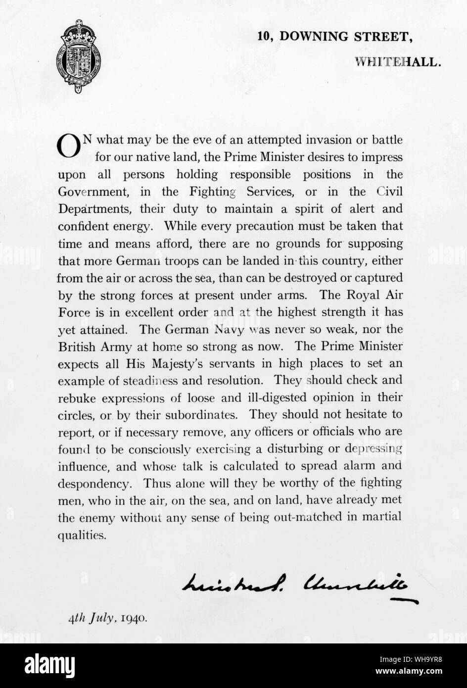 WW2: Brief von Winston Churchill am 10 Downing Street, 4. Juli 1940. Stockfoto