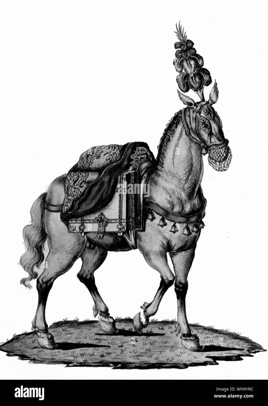 Pack Artillerie, c 1700. Pferd im militärischen Gewand. Stockfoto