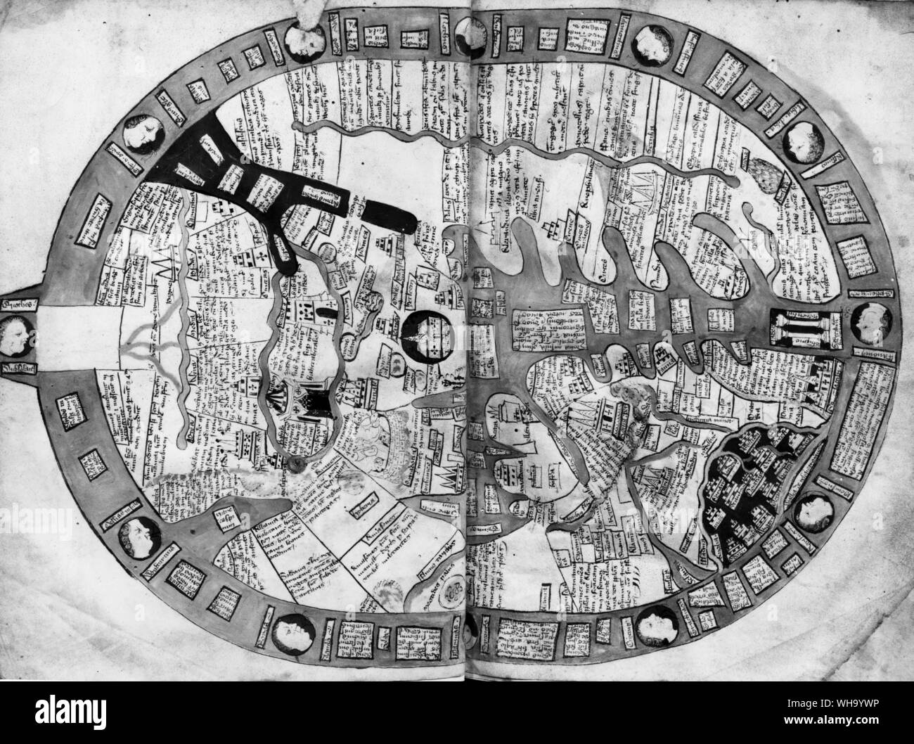 Eine 14 C Deutsche Karte der Welt, mittelalterliche in der Konzeption, in der die flache Erde. Higden, c 1350. Stockfoto