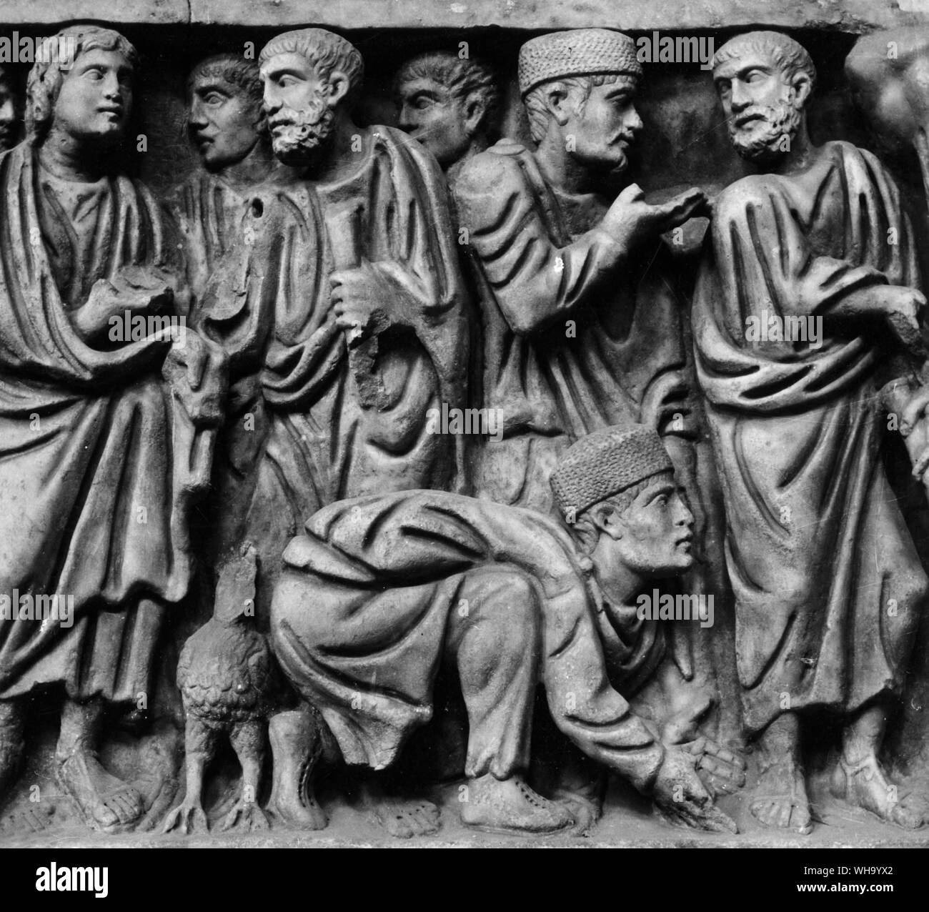 Gallo-römischen Frühchristlichen Skulptur des 5. Jahrhunderts. Der Taufe des Cornelius. Sarkophag der wundertätigen Quelle, Arles. Stockfoto