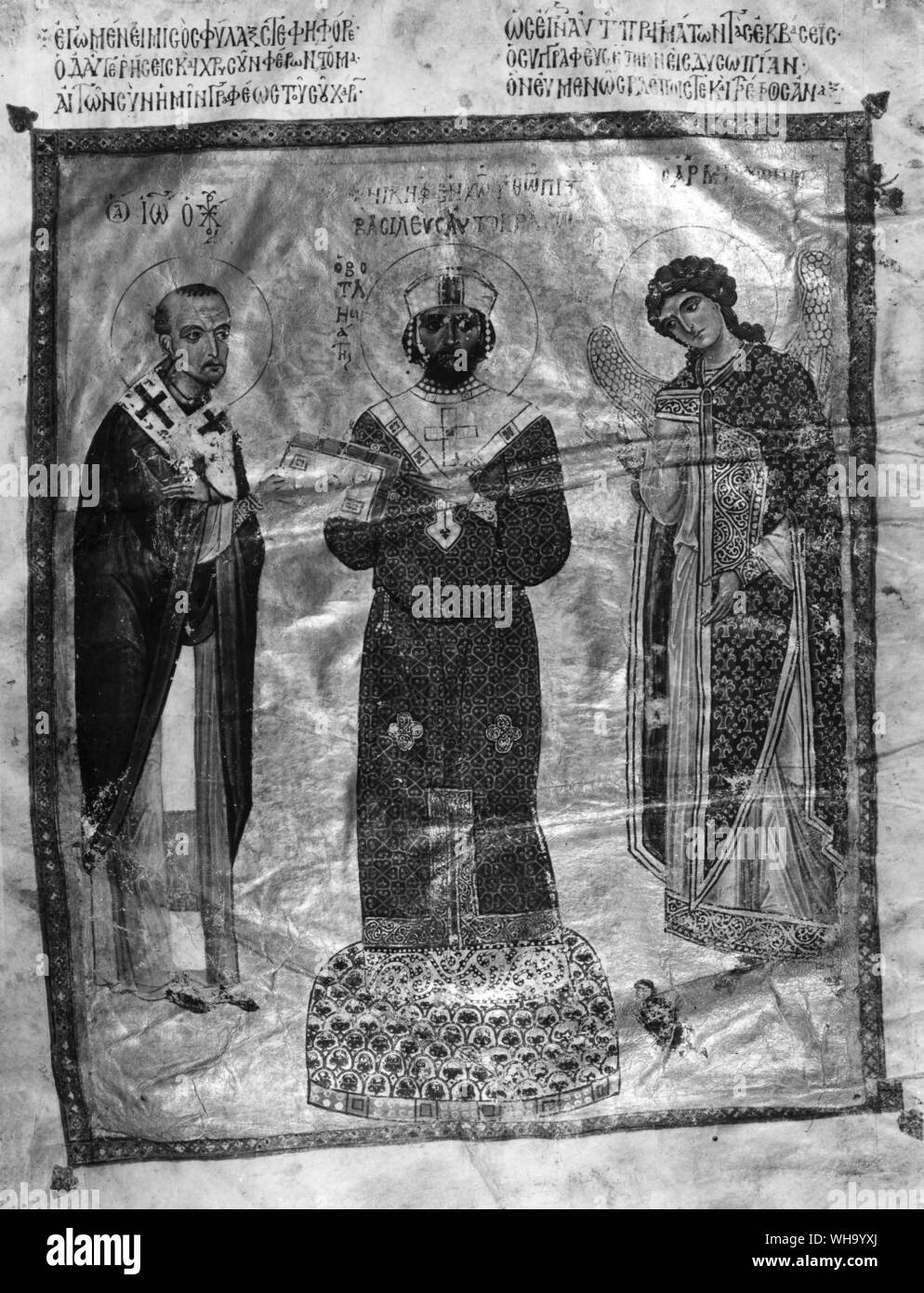 Kaiser Nicophorus III, St John Chrysoslom und Engel aus Homites; aus dem 11. Jahrhundert Manuskript. Byzantinische Reich. Stockfoto