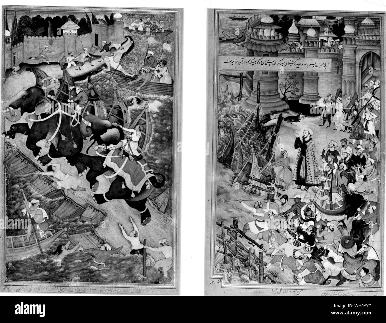 Akbar über den Kampf gegen die Elefanten Kreuzung der Jumma auf der Brücke von Booten, c 1590. Stockfoto