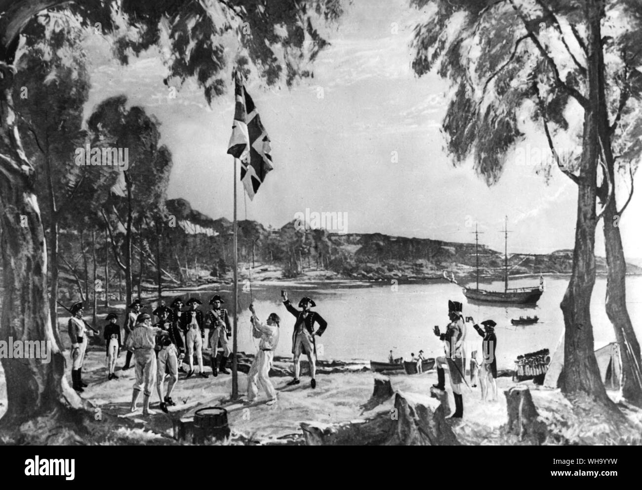 Die Gründung von Australien. Szene an der Entfaltung der britischen Flagge in Sydney Cove am 26. Januar 1788. Kapitän Arthur Phillip, dem ersten Gouverneur der Kolonie New South Wales, und Offiziere und Schutz der Marines werden angezeigt zu Trinken für die Gesundheit von König George III. Die erste Australien Tag. Stockfoto