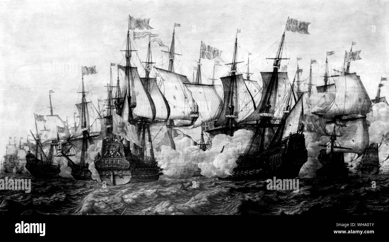 Die Schlacht von gabbard Bank, grisaille. H. Witmont. 4. Juni 1653, an der Mündung der Themse, London. Die Brederada im Vordergrund das britische Schiff ist fesselnd, die Auflösung. Die britische Flotte siegreich war. Stockfoto