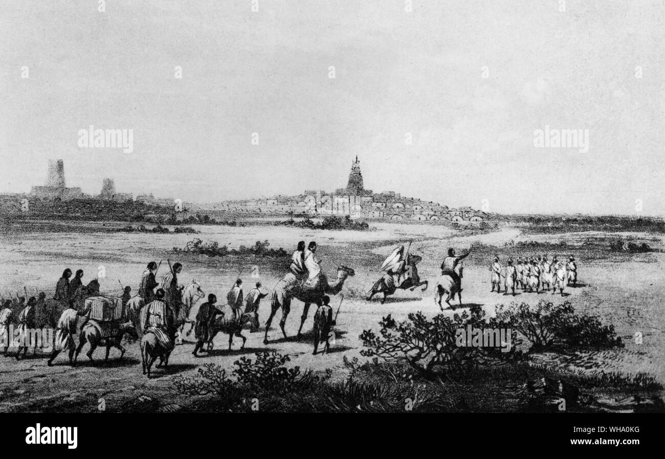 H. Barth's Ankunft, Timbuktu, 1853. Aus seinem Buch "Reisen und Entdeckungen in Nord und Mitte". Stockfoto