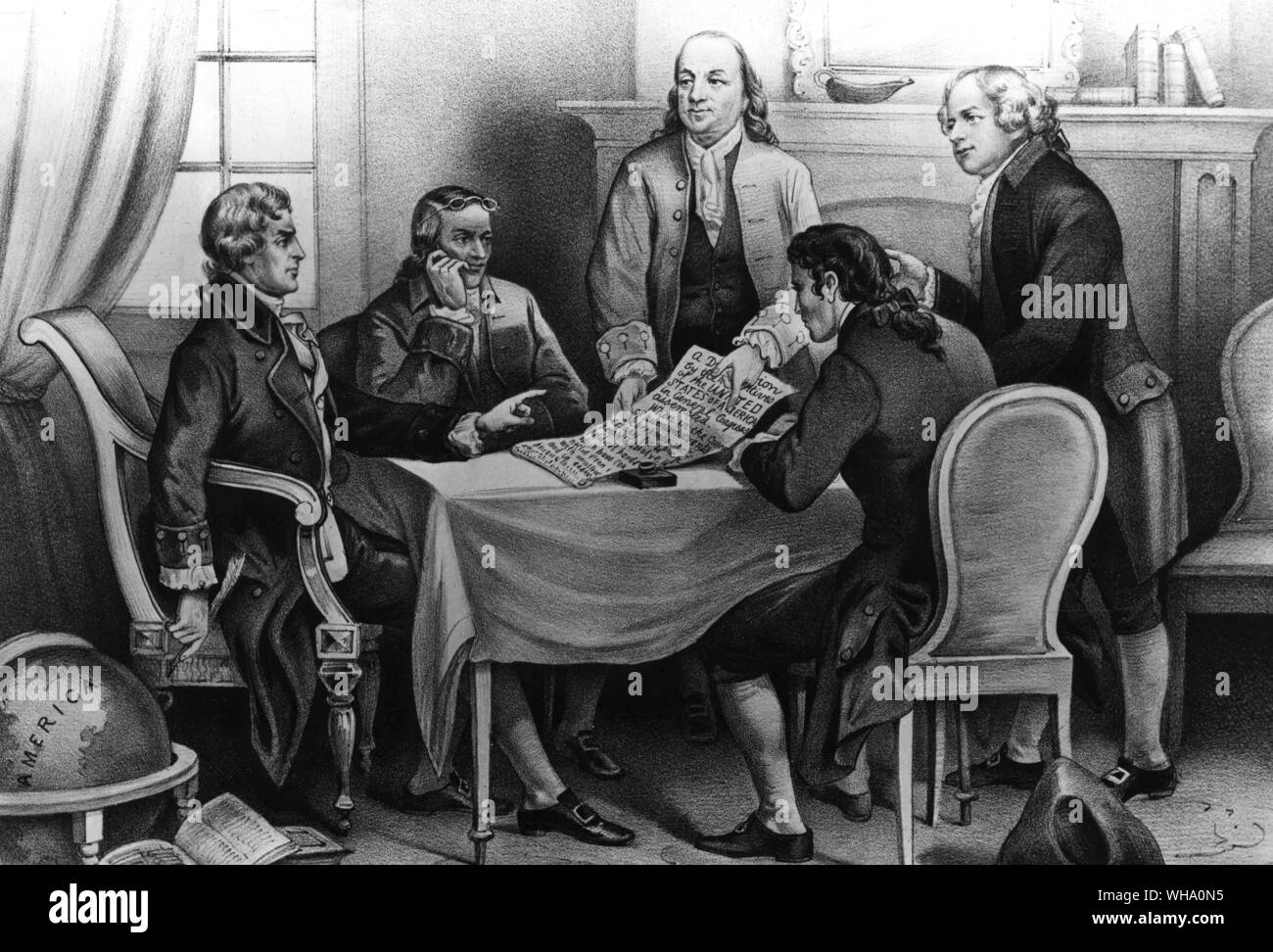 Fünf Mitglieder des Ausschusses, in der die Erklärung der Unabhängigkeit der Kongress der Vereinigten Staaten von Amerika. l-r berichtet: Thomas Jefferson, Roger Sherman, Benhjamin Franklin, Robert R. Livingston und John Adams. Am 1. Juli 1776. Erklärung wurde am 4. Juli 1776 unterzeichnet. Stockfoto