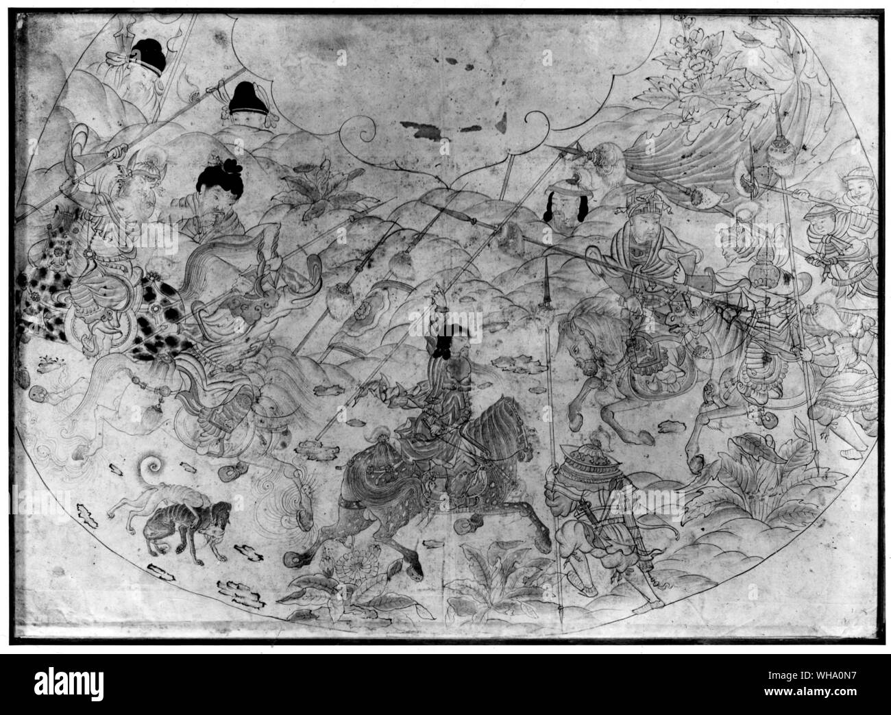 Mongolische Reiter kämpfen in Ostturkestan. Ende des 16. Jahrhunderts. Persische Schlacht Szene. Stockfoto