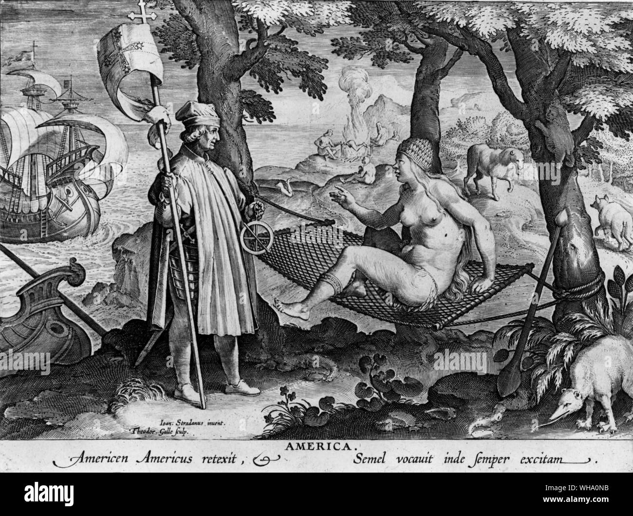 Vespucci Amerika zu entdecken. Kupferstich von Galle von der Zeichnung von stradanus. Stockfoto
