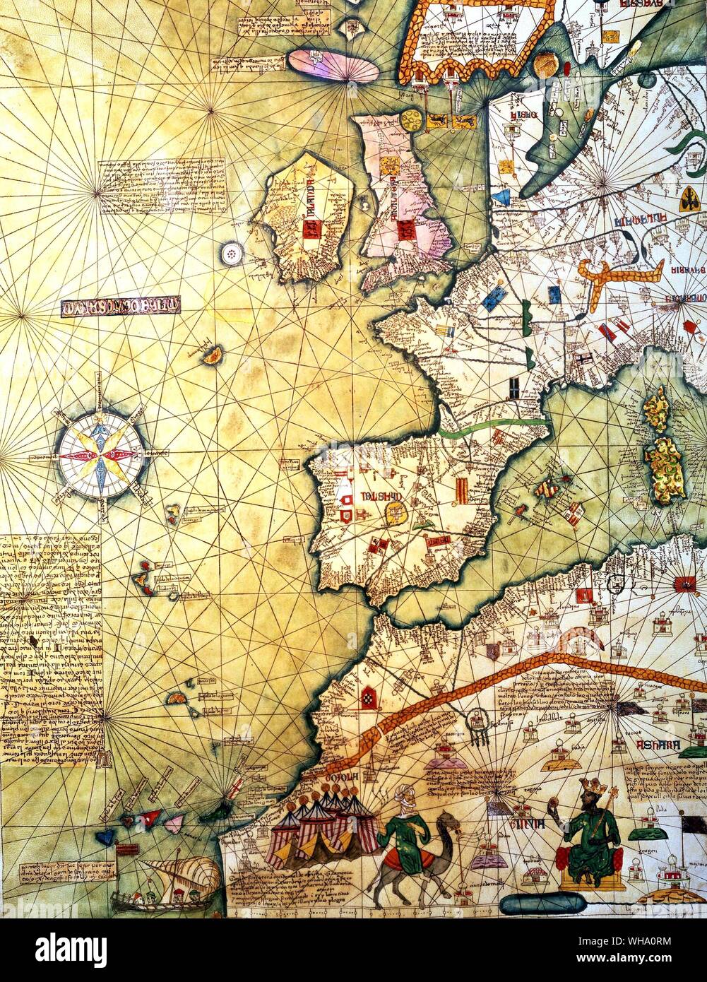 Teil der westlichen Atlas. . Die westliche Hälfte der Katalanischen Atlas 1375 Stockfoto