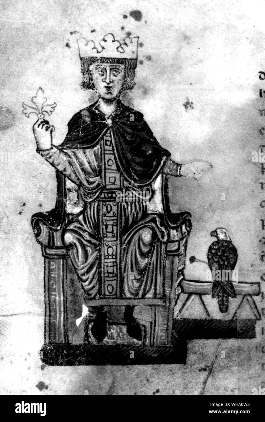 Friedrich II. mit einem Falken. In der Biblioteca Apostolica, Vaticano beleuchtet. Stockfoto