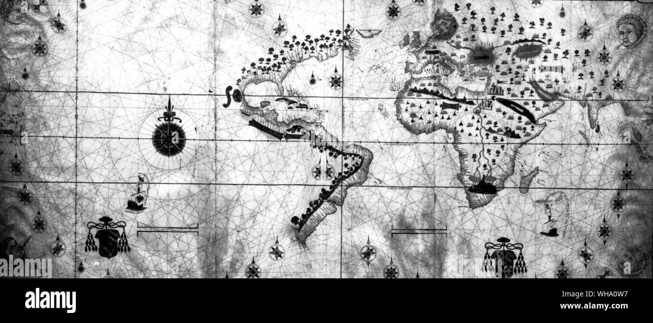 Obwohl diese Karte wurde fünf Jahre nach Magellan's Voyage, der Kontinent Südamerika an der Platte nicht mehr gezeichnet Stockfoto