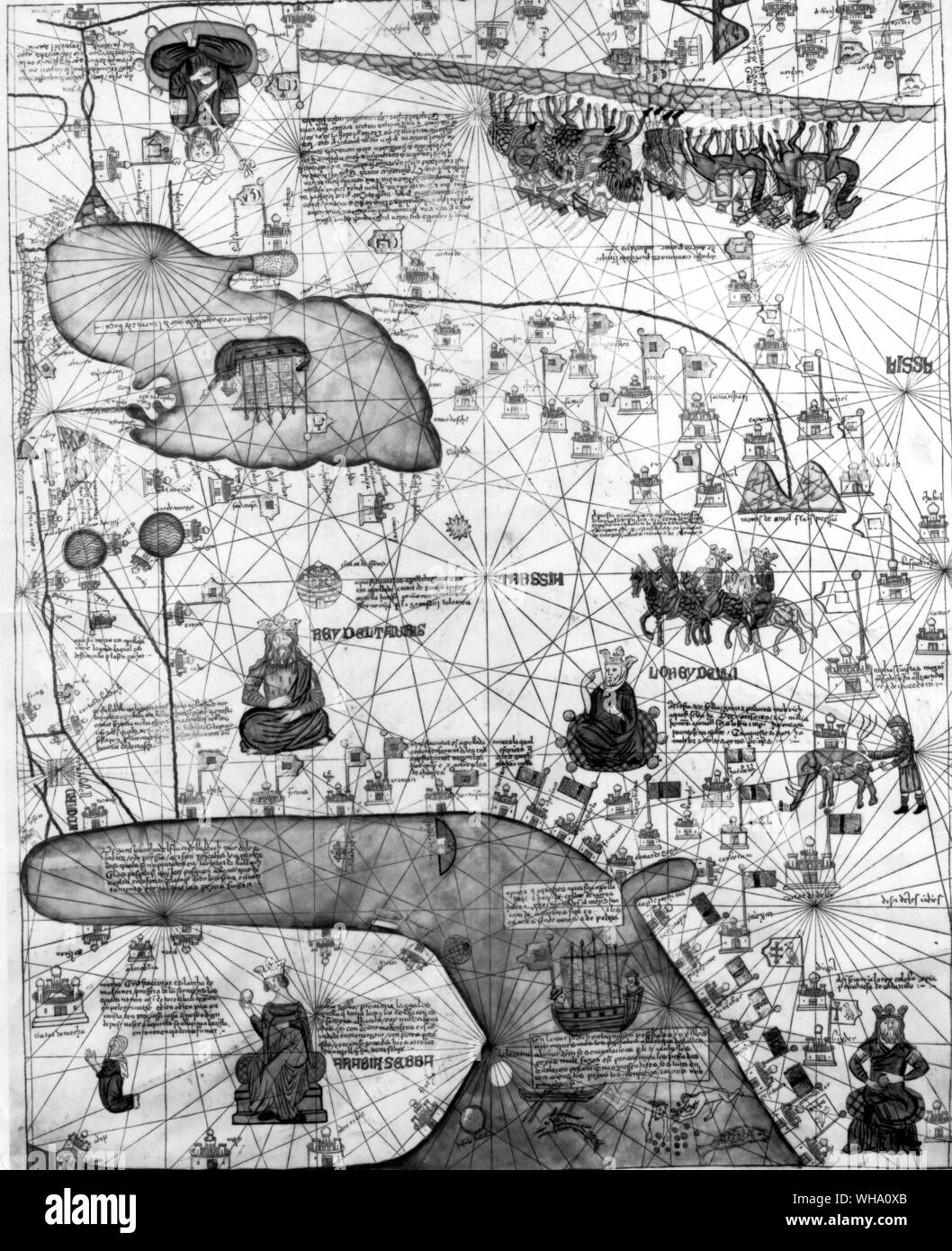 Die Katalanischen Atlas zeigt die Übertreibung der Länge von Asien. Columbus' Theorie erweitert es noch weiter - 1375 Stockfoto