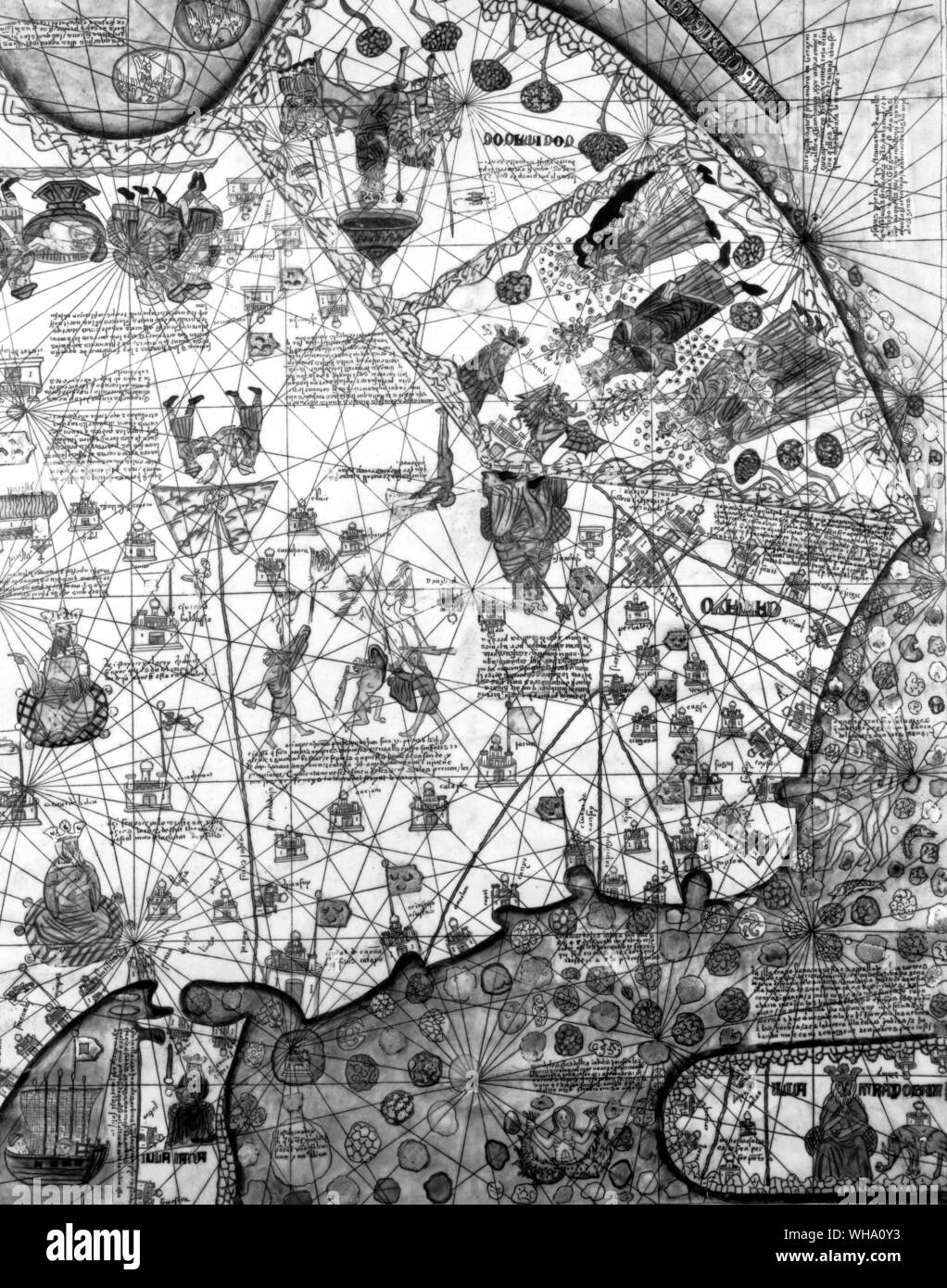 Die Katalanischen Atlas zeigt die Übertreibung der Länge von Asien. Columbus' Theorie erweitert es noch weiter - 1375 Stockfoto