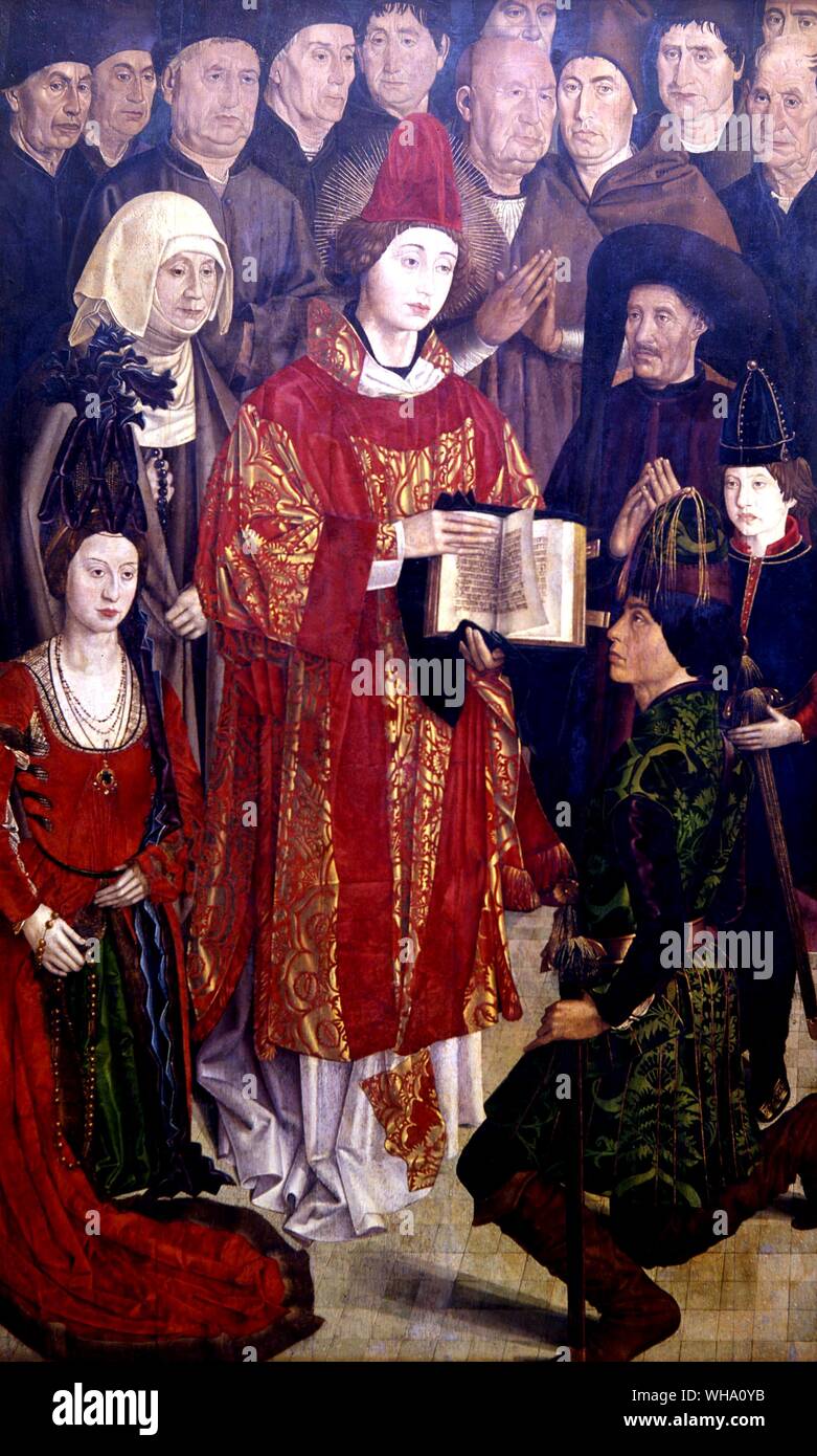 Eine Verkleidung der ein Altarbild, Kirchenmänner, Bürger und Soldaten der Anbetung Saint Vincent, der Schutzheiligen von Lissabon. Auf der rechten Seite, Prinz Heinrich und die Zukunft Joao II. Stockfoto