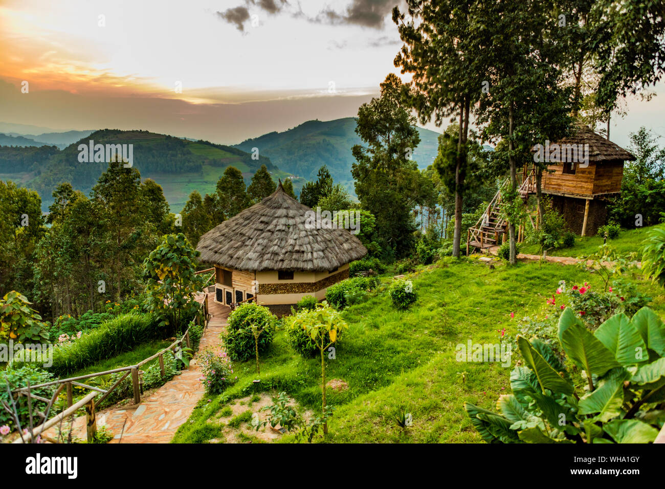 Agandi Eco Lodge (die Hütten), Bwindi Impenetrable Forest Nationalpark, UNESCO-Weltkulturerbe, Uganda, Ostafrika, Südafrika Stockfoto