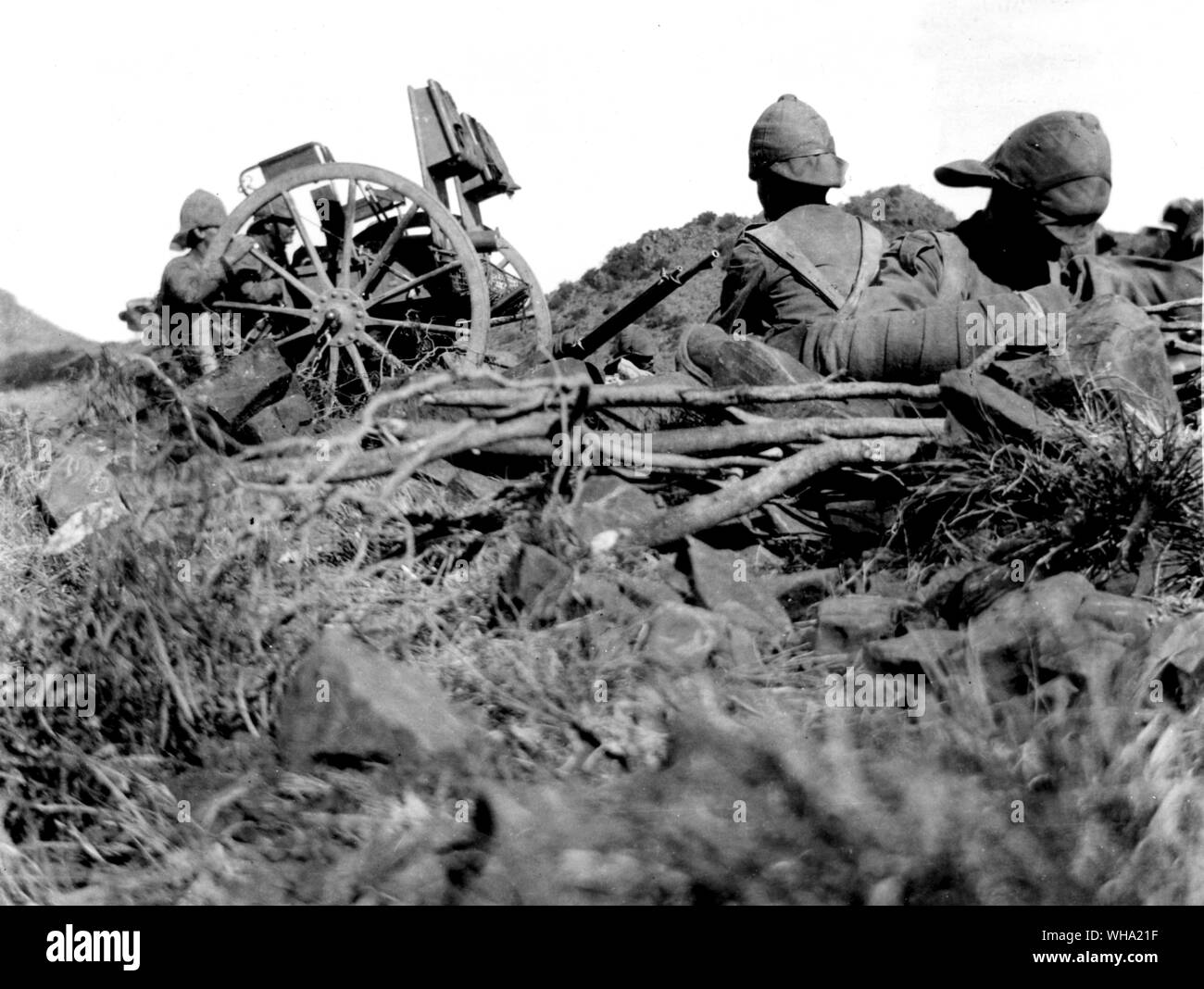 Burenkrieg, 1900: Wiltshire Regiments in Aktion mit Gewehr auf Norvals Punkt. Stockfoto