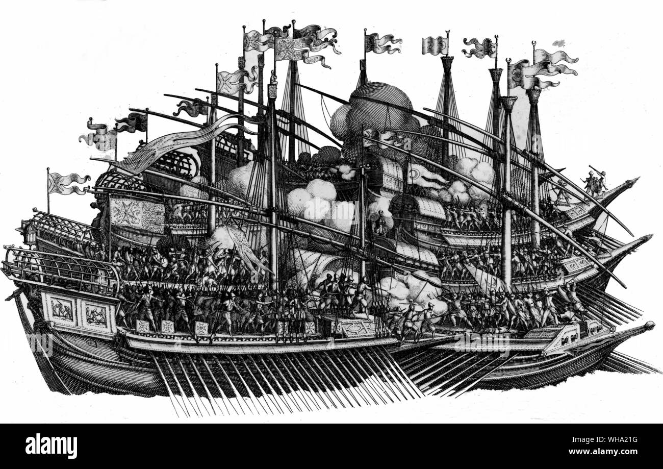 Die erste Seeschlacht des Großherzogs Ferdinand I. mit galeeren sich türkische Krieg Schiffe, 1615-19. Stockfoto