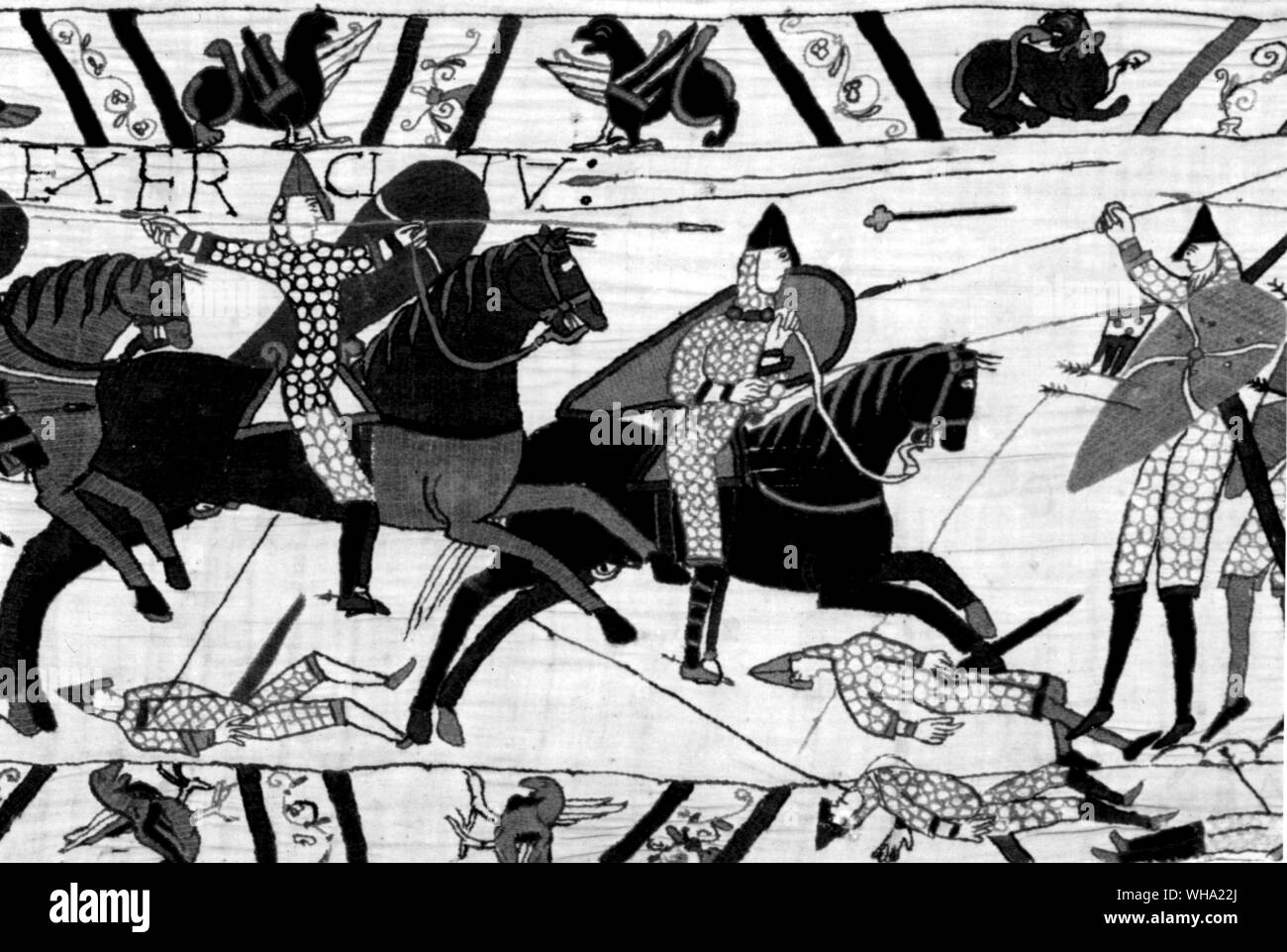 Teppich von Bayeux mit der Darstellung der normannischen Invasion von Großbritannien in 1066. Norman Soldaten. Stockfoto