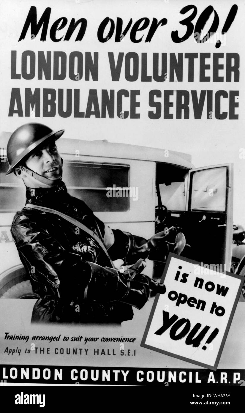 WW2: ARP-Poster/London Volunteer Ambulance Service Plakat für das Einziehen. Stockfoto
