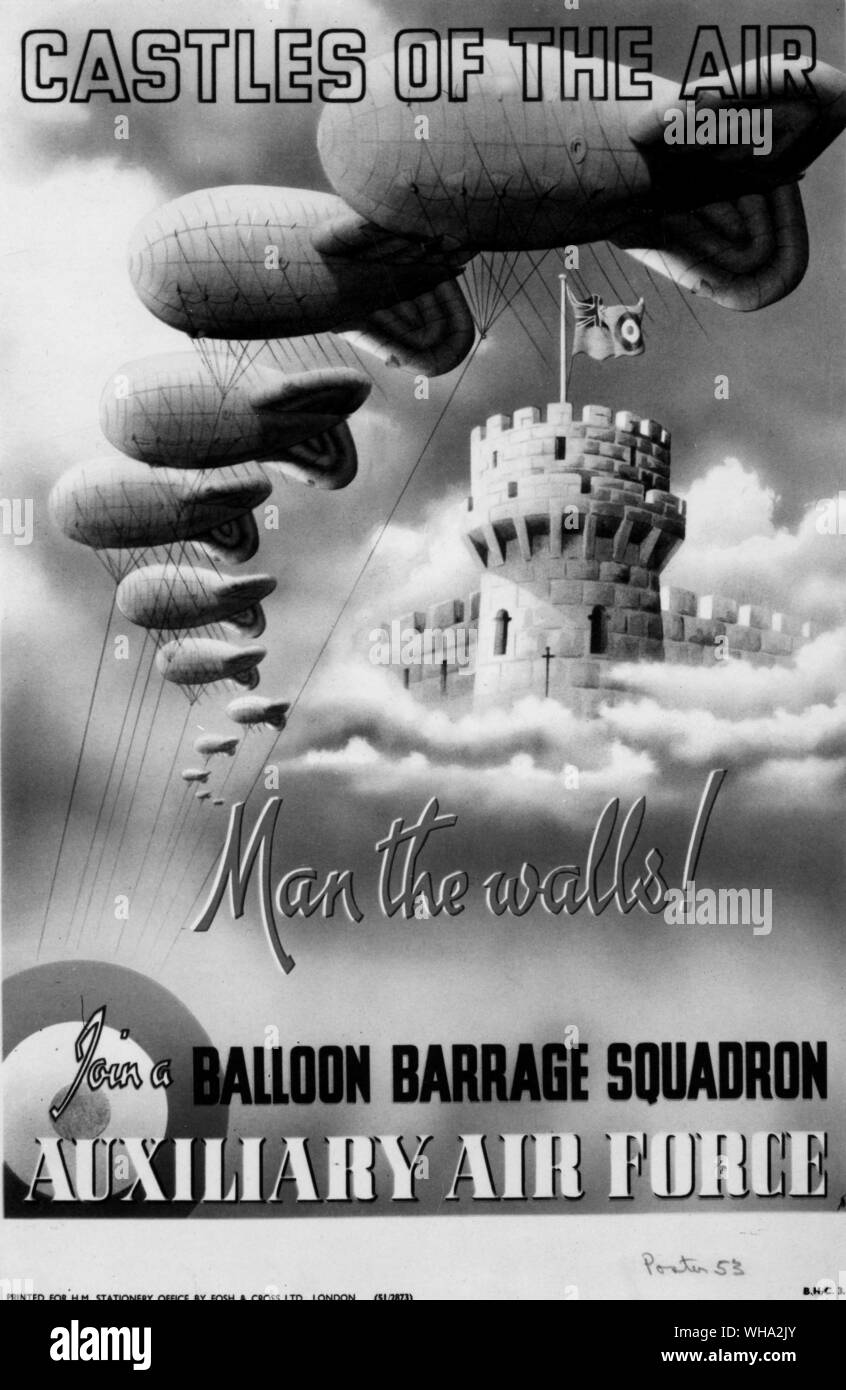 WW2: "Schlösser in die Luft. Einen Schwall ballon Geschwader beitreten. Auxiliary Air Force". Krieg Poster Stockfoto