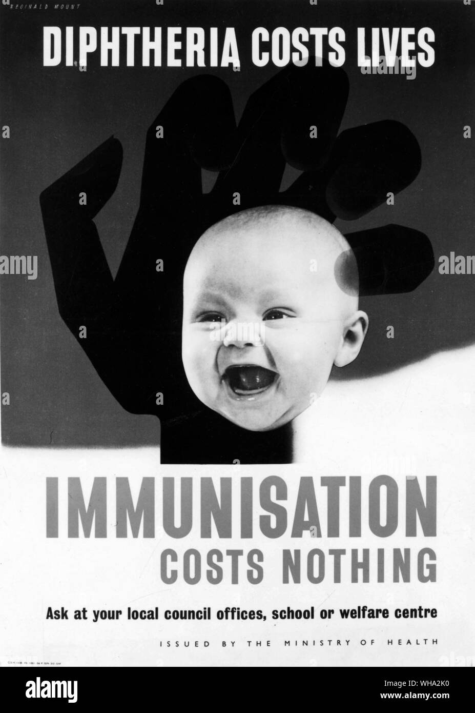WW2: "Immunisierung kostet nichts. Diptheria kostet Leben". Poster vom Ministerium für Gesundheit ausgegeben. Stockfoto