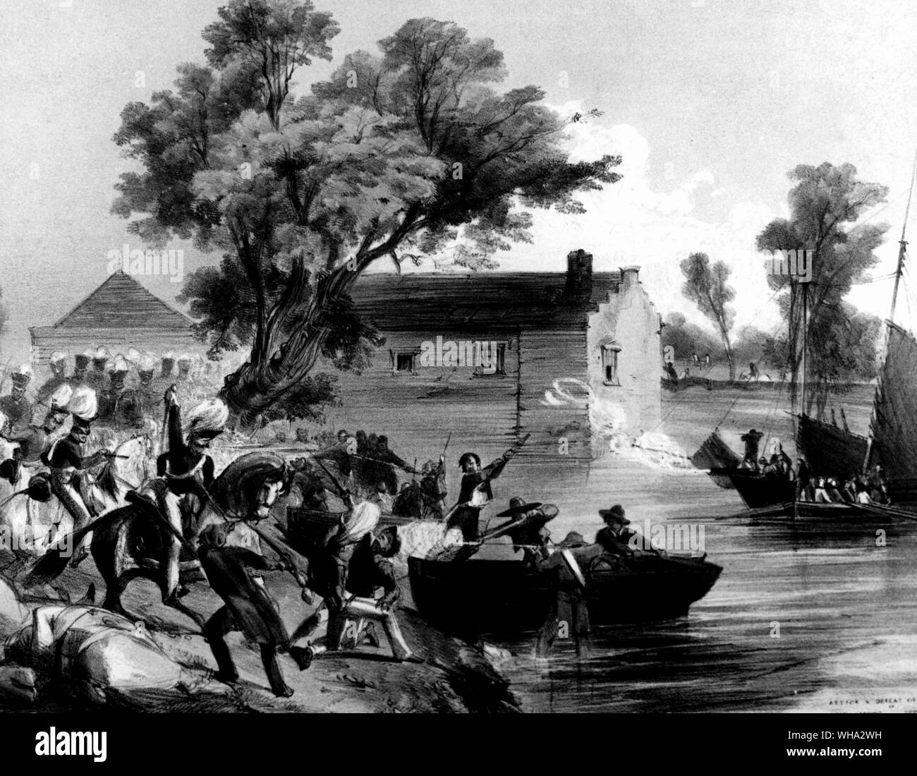 Kanada 1837. Angriff und Niederlage der Rebellen bei Dickinson Landung, Upper Canada. Stockfoto