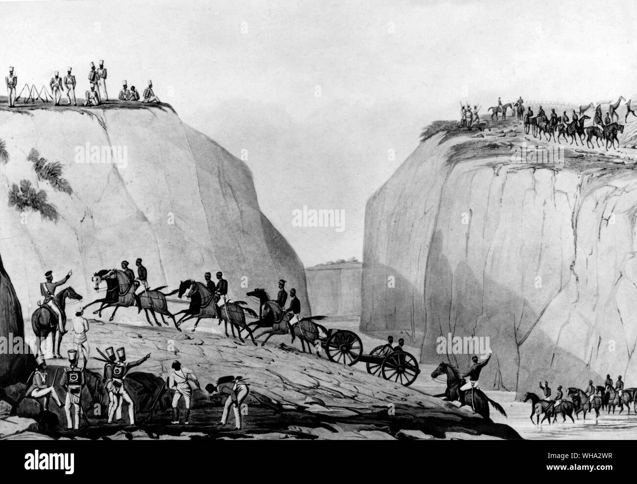 Erste afghanische Krieg. Shah's Horse artillery Überquerung der Lora Fluss, Afghanistan, C. 1840. Bild veröffentlicht 1846. Stockfoto