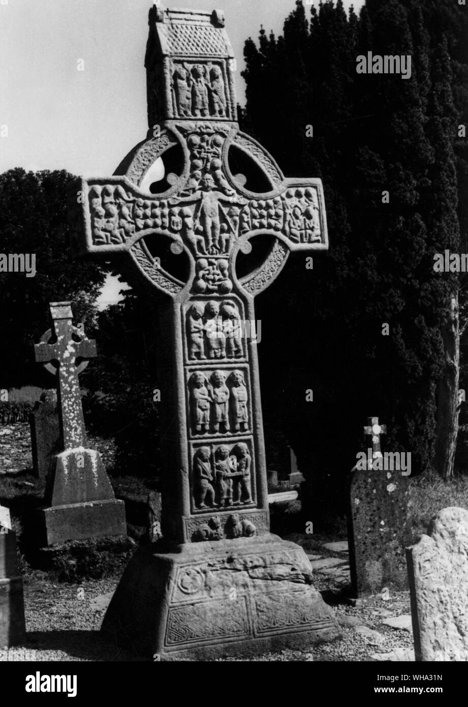 Muiredach Cross, Monasterboice Co Louth, Irland. Die feinste aller Hohen Kreuze in Irealnd, Osten angesichts des Kreuzes. Stockfoto