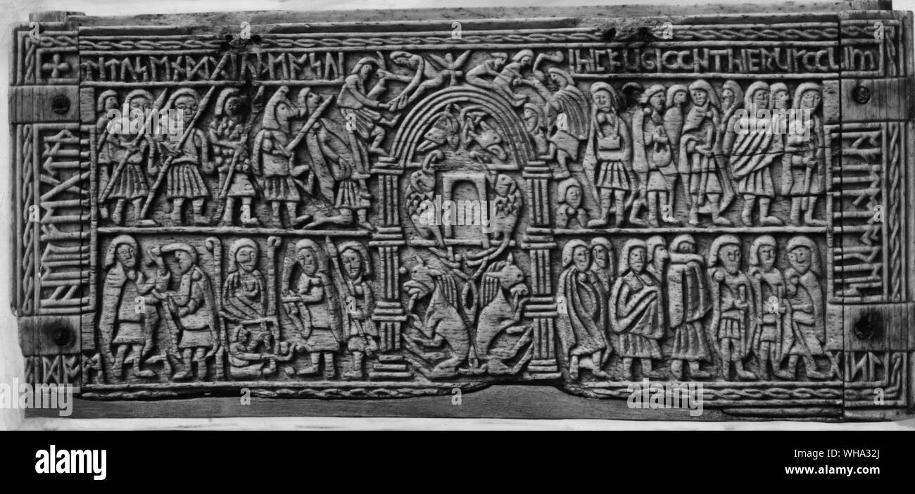 Die Franks Casket. Auf der Rückseite der Darstellung der Eroberung Jerusalems durch Titus im Jahr 70. Stockfoto
