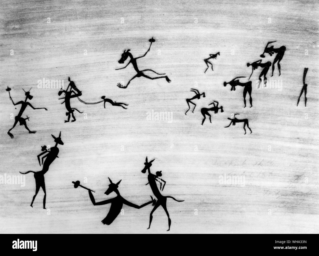 Bushman Felsmalereien. Die Mokoma Tanz, oben rechts mit mythischen Dämonen, die Männer zu "harte Arbeit". Stockfoto